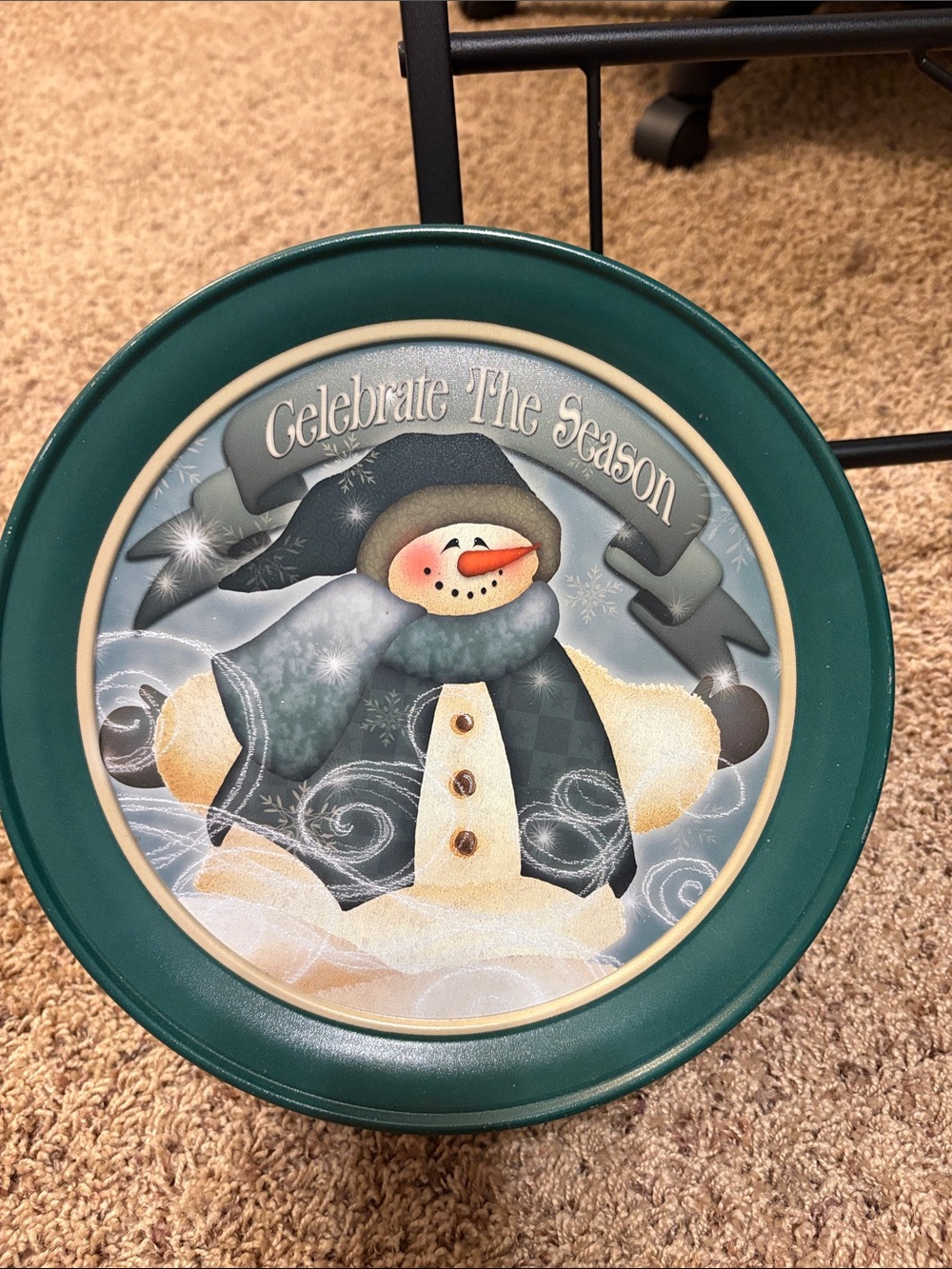 Vintage celebrate the season snowman forest green tin